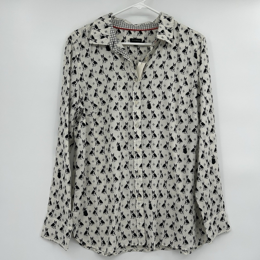Talbots Womens French Bulldog Button Down Top Size M 100% Cotton Graphic Novelty